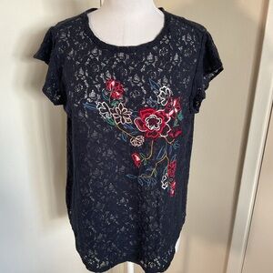 LOFT Navy Blue Floral Embroidered Lace Blouse Large L Cotton Blend Short Sleeve